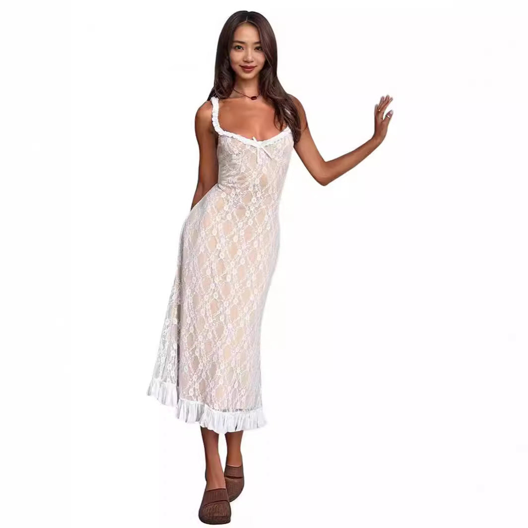 Damen Spitzen-Nachtkleid mit Rüschen und dekorativen Trägern Echo Archiv