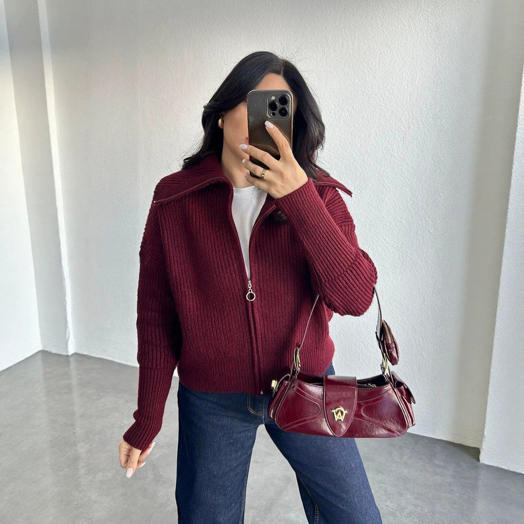 Damen Oversize Strickjacke mit Reißverschluss und hohem Kragen Echoarchiv