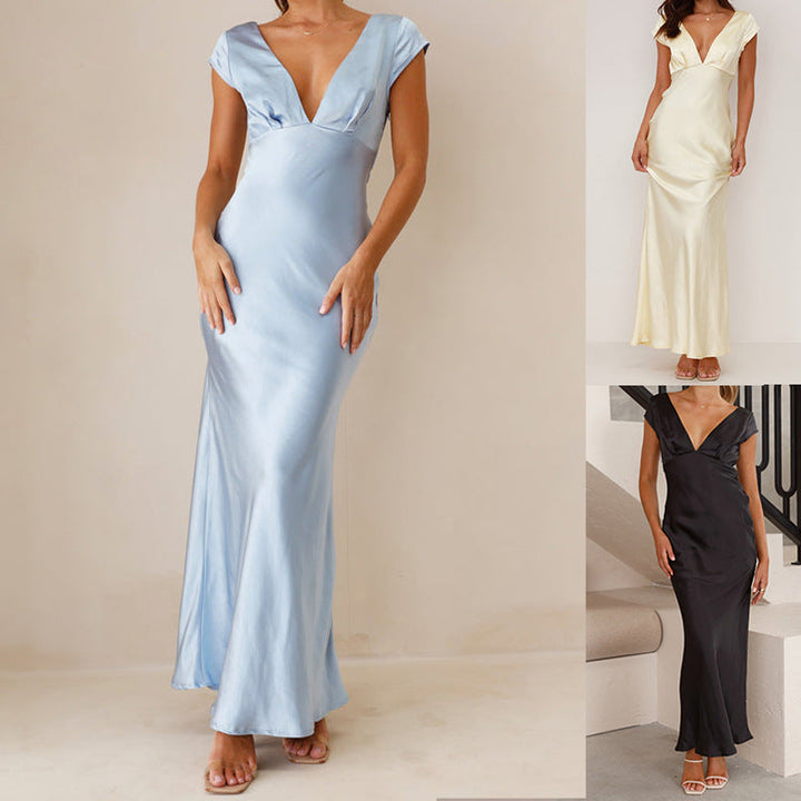 Damen Elegantes Maxikleid mit tiefem V-Ausschnitt und fließendem Satinmaterial Echoarchiv