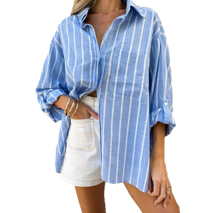 Damen Oversized Streifen-Leinenoptik Hemdbluse mit Brusttasche – Avérine