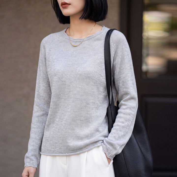 Damen leichter Feinstrickpullover mit dezenter Glitzeroptik und Raglanärmeln Echoarchiv
