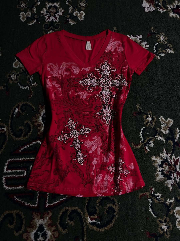 Damen T-Shirt mit dekorativem Kreuzdesign und floralen Akzenten Echo Archiv