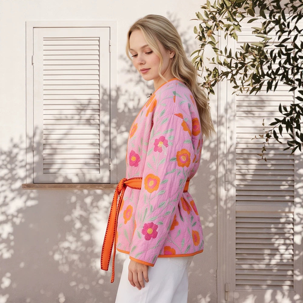 Damen Gestepptes Blumen-Kimono mit Bindegürtel Echoarchiv