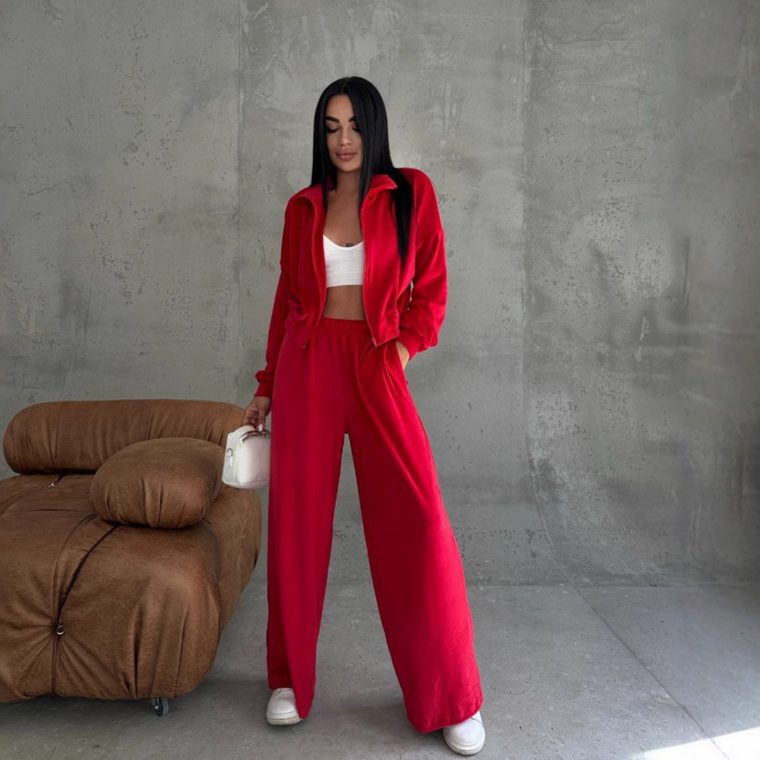 Damen Samt-Loungewear-Set mit kurzem Reißverschluss und geraffter Taillenpartie – Élanora