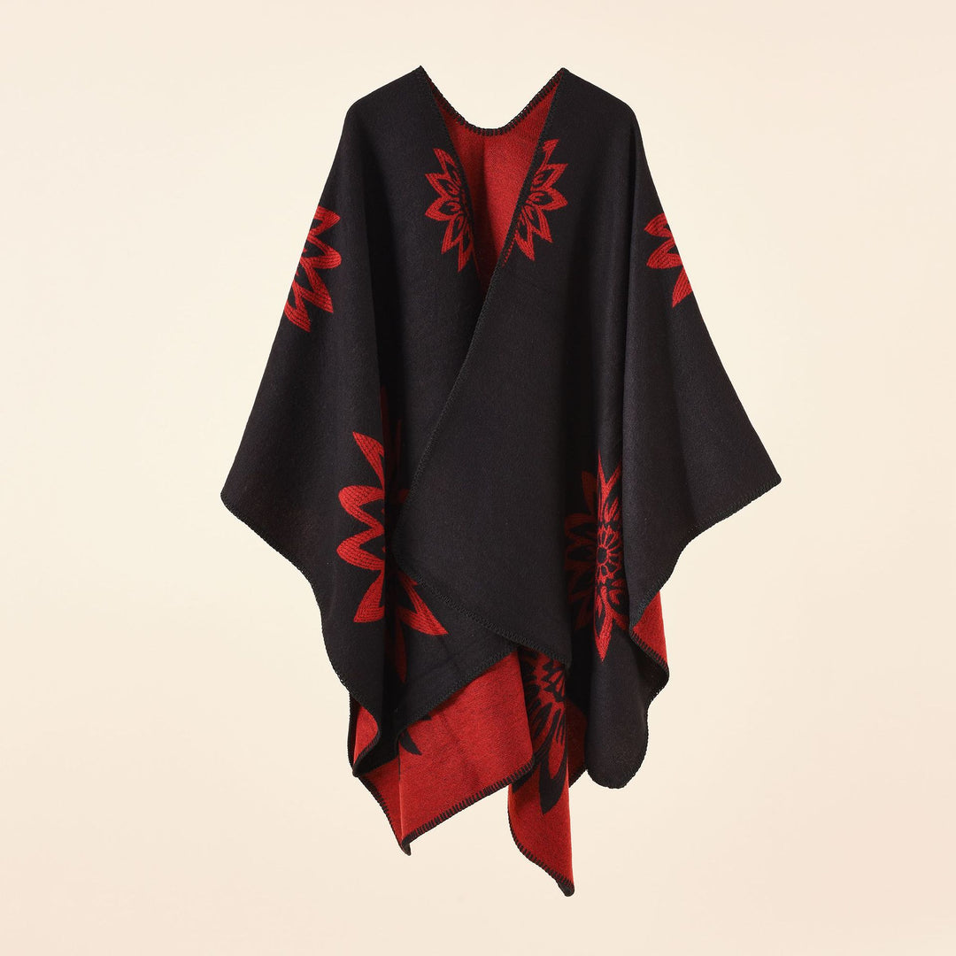 Damen Oversize‑Umhang im Wendefinish mit floraler Intarsienstickerei – Célinea