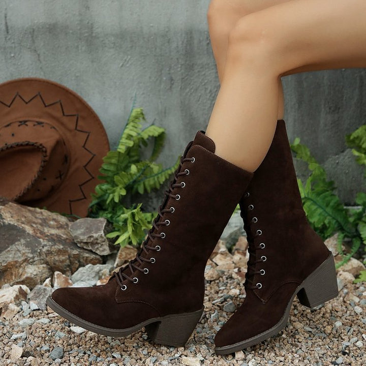 Damen Elegante Schnürstiefel aus Veloursoptik mit mittelhohem Schaft und komfortablem Blockabsatz Echoarchiv