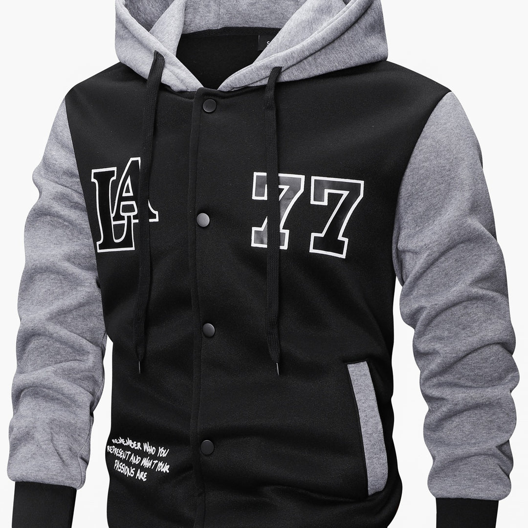 Herren Varsity-Kapuzenjacke im College‑Look mit Druck, Druckknopf‑Front und Kontrastärmeln Echoarchiv