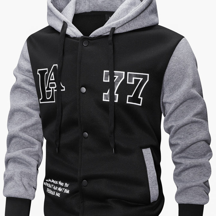 Herren Varsity-Kapuzenjacke im College‑Look mit Druck, Druckknopf‑Front und Kontrastärmeln Echoarchiv