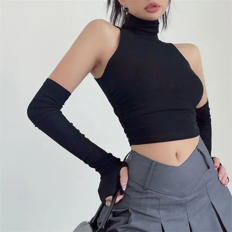 Damen Langarm Crop-Top mit Stehkragen und figurbetontem Schnitt Echo Archiv
