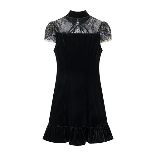 Damen Abendkleid mit transparenten Spitzenärmel und Rüschensaum Echo Archiv