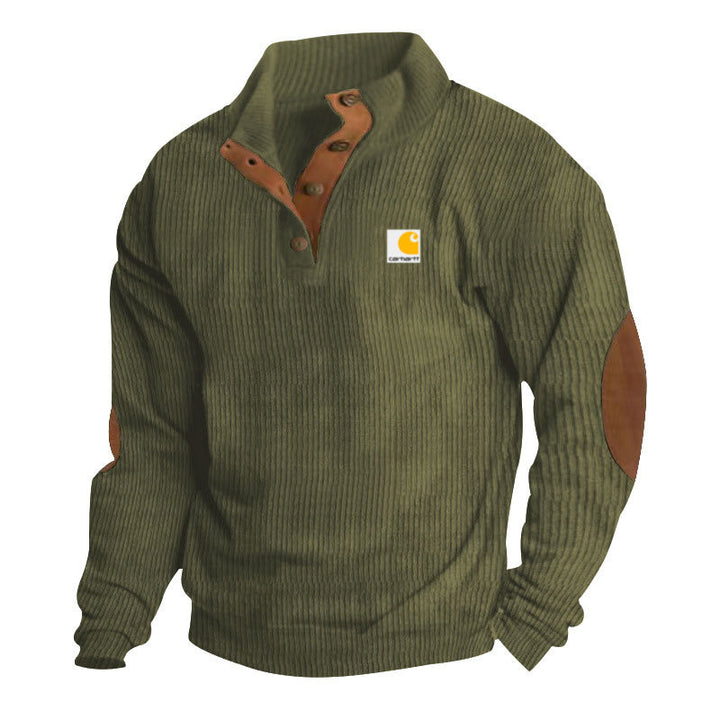 Herren nan Strickpullover im Troyer-Stil mit Stehkragen Lederbesatz Druckknopfleiste und Ellbogen-Patches Echo Archiv