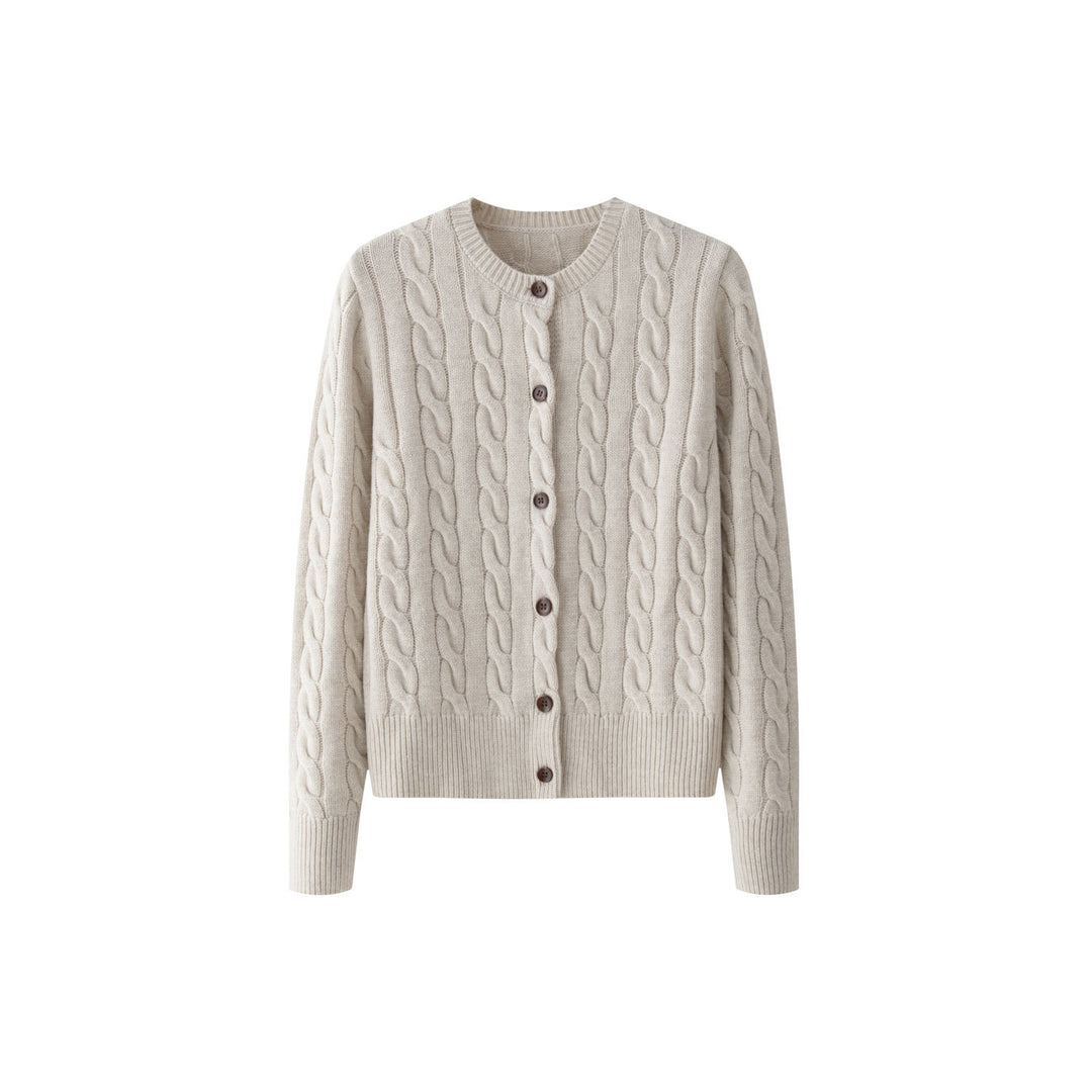 Damen Gemütliche Zopfmuster‑Strickjacke mit V‑Ausschnitt und Holzknöpfen Echoarchiv
