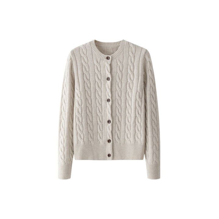 Damen Gemütliche Zopfmuster‑Strickjacke mit V‑Ausschnitt und Holzknöpfen Echoarchiv