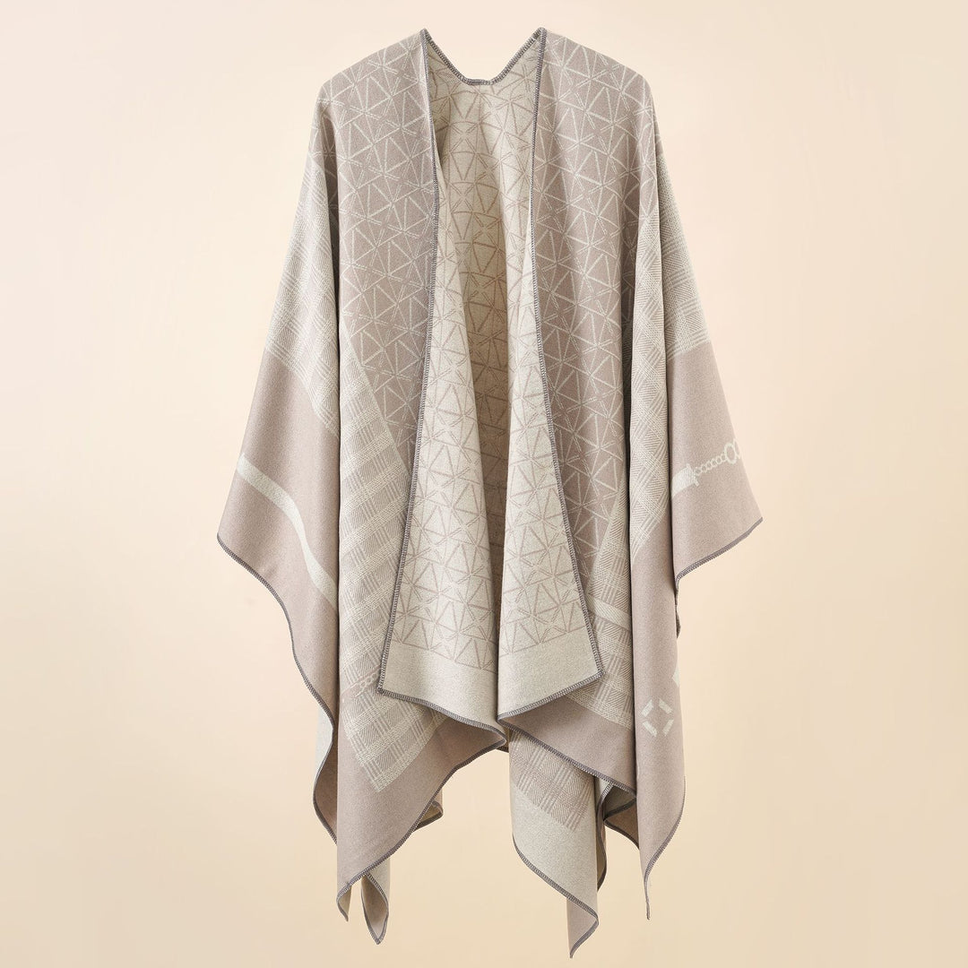Damen Geometrisches Jacquard-Ruana-Cape aus Wollmix mit offener Kimono-Silhouette – Montévia