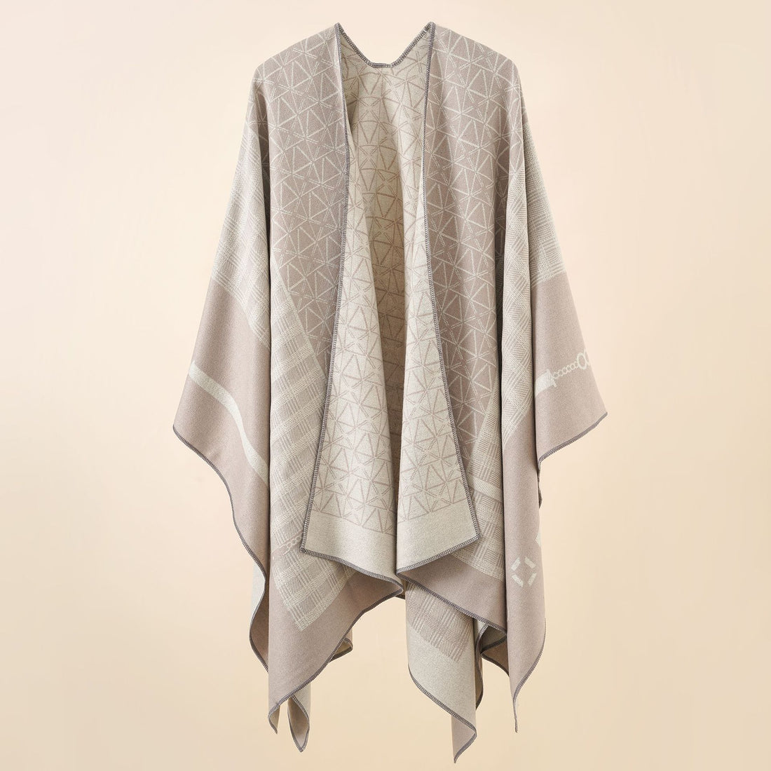 Damen Geometrisches Jacquard-Ruana-Cape aus Wollmix mit offener Kimono-Silhouette – Montévia