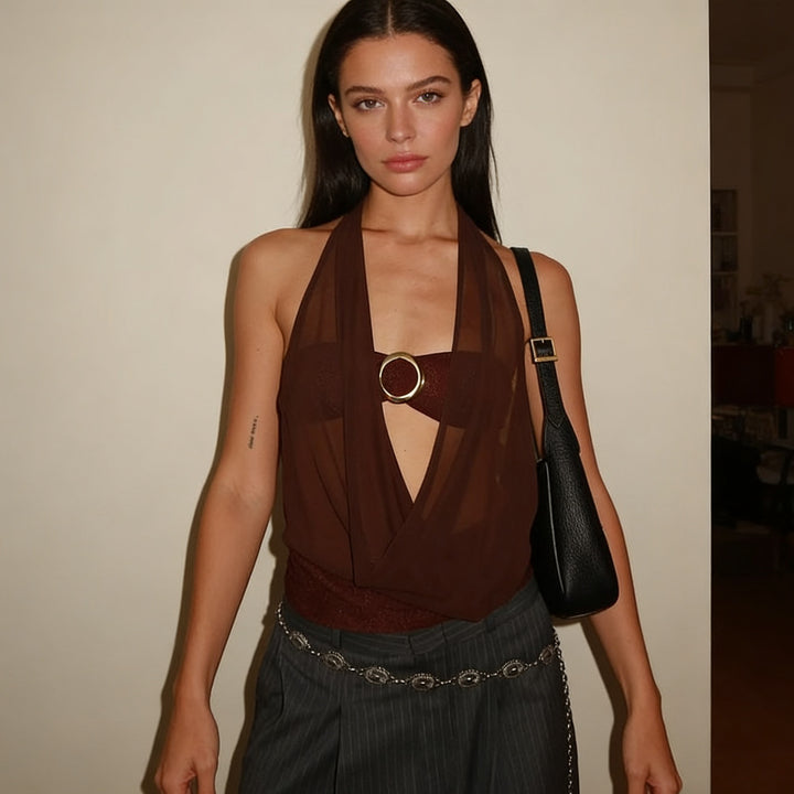 Damen Elegantes und figurbetontes Top mit tiefem Ausschnitt und schimmerndem Band Echo Archiv