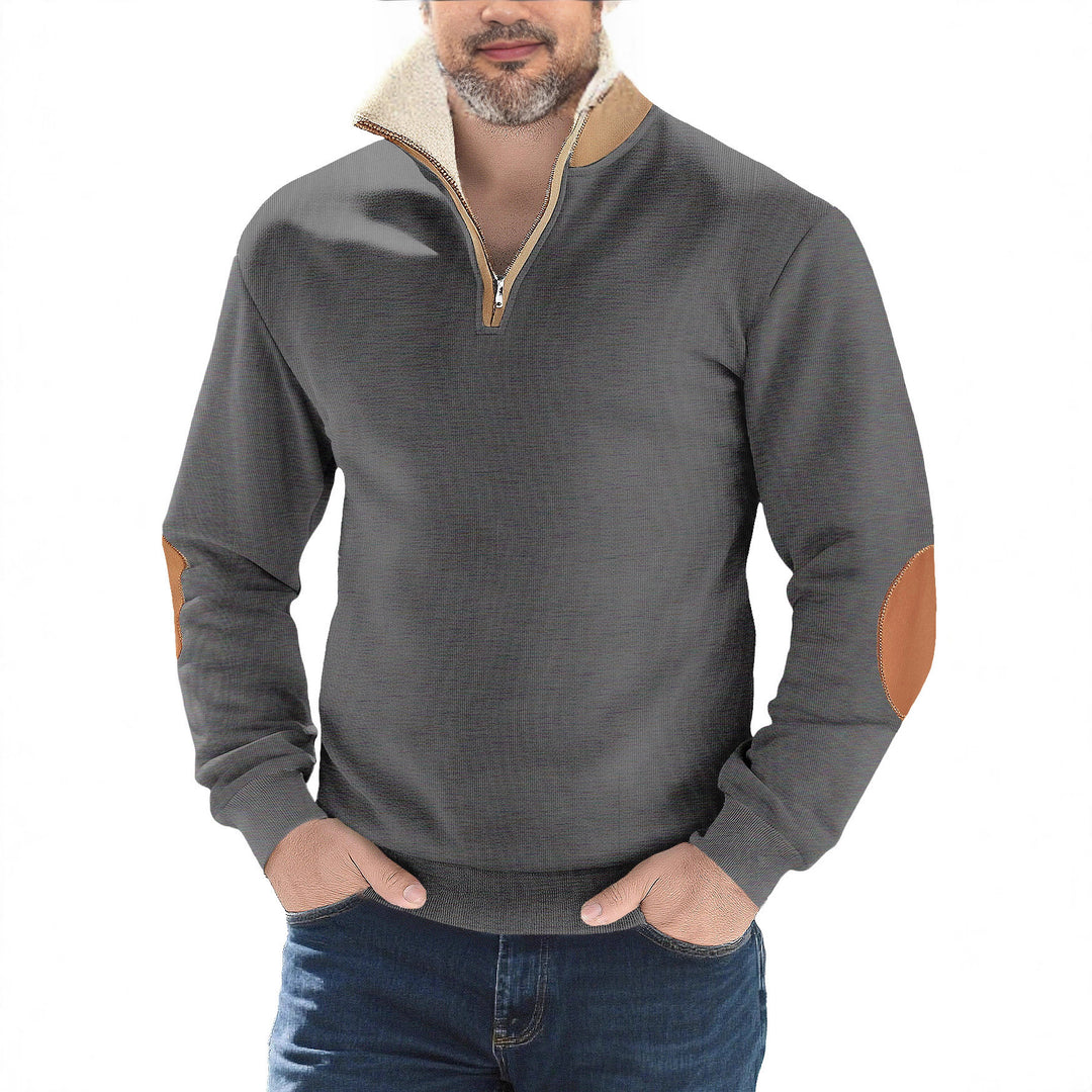 Herren nan Strukturstrick-Halbzipppullover mit wärmendem Sherpa-Kragen und Velours-Ellenbogenapplikation Echo Archiv