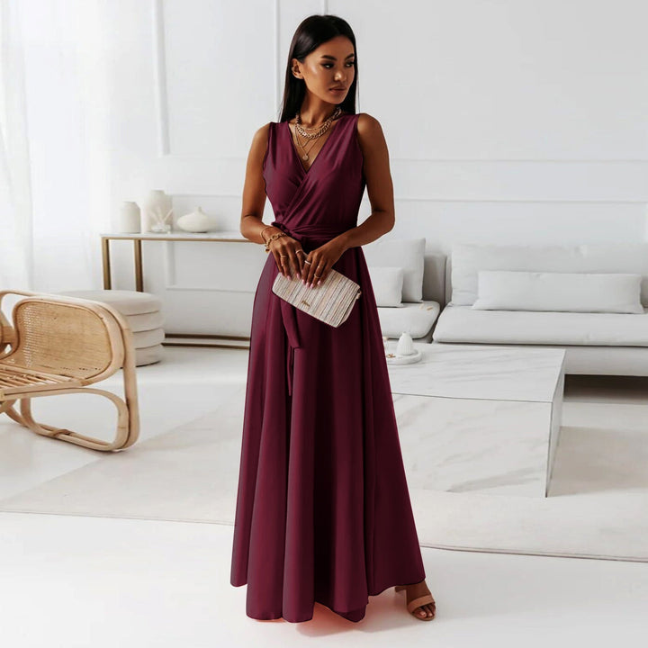 Damen einfarbig V-Ausschnitt Langes Kleid – Valéora