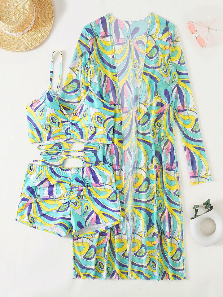 Damen Strandanzug mit leichtem Kimono und buntem Unterteil Echo Archiv