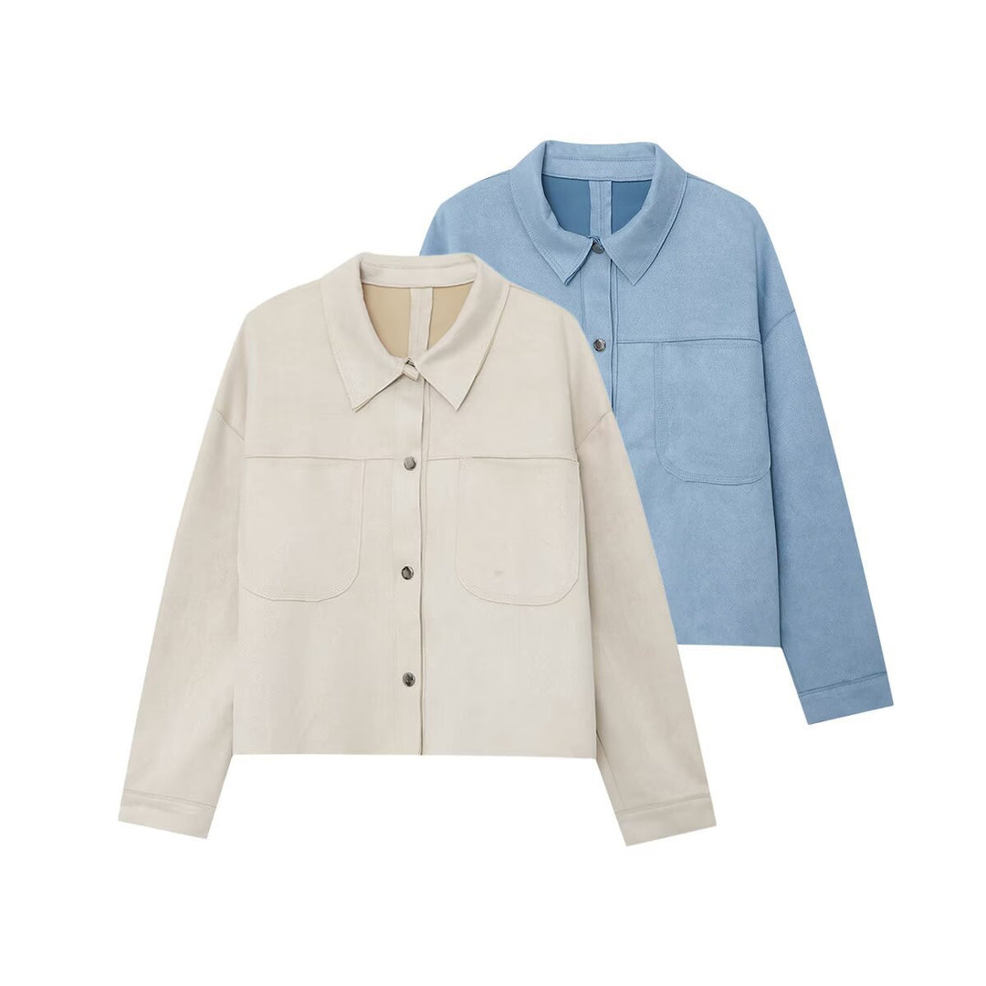 Damen kurz geschnittene Overshirt-Jacke aus strukturiertem Canvas mit aufgesetzten Brusttaschen – Célinea