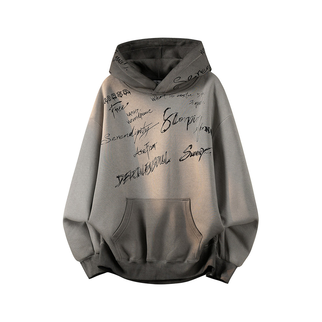 Unisex Oversize Kapuzenpullover mit handschriftlichem Grafik-Print, Kängurutasche & geripptem Saum Echoarchiv
