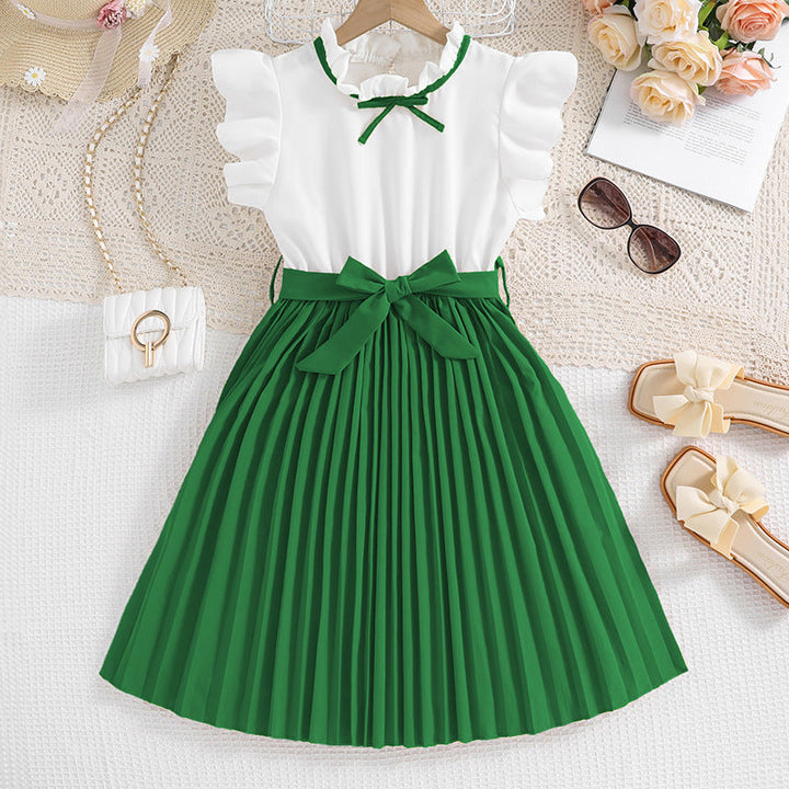 Mädchen Faltenrockkleid mit Puffärmeln und Taillenknoten Echoarchiv