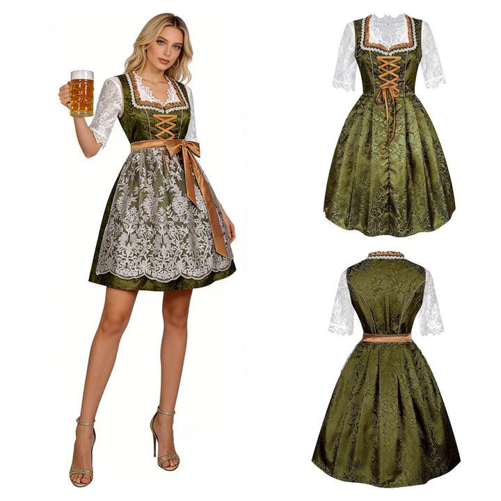 Damen nan traditionelles Dirndlkleid mit Spitzenbluse und bestickter Schürze Echo Archiv