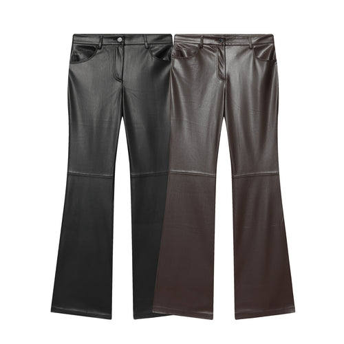 Damen weit geschnittene Kunstleder‑Flarehose mit Teilungsnähten und aufgesetzten Gesäßtaschen – Avélisse