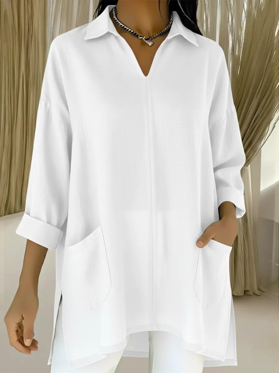 Damen Oversize-Tunika mit Hemdkragen, V-Ausschnitt und aufgesetzten Taschen Echo Archiv