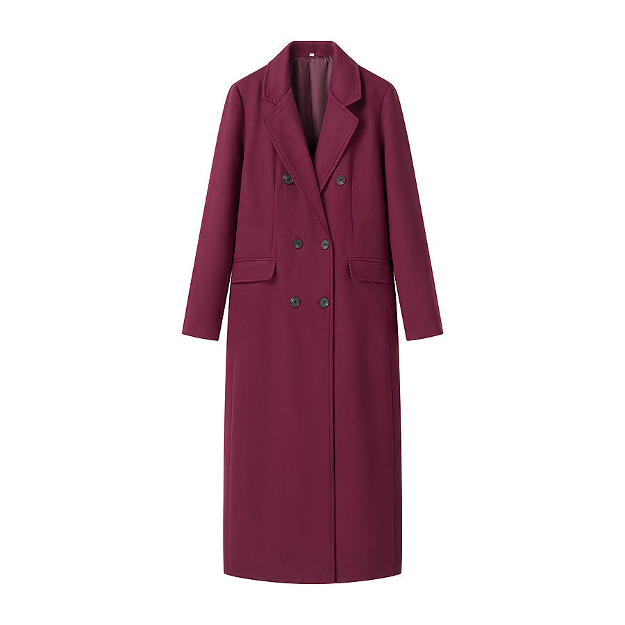 Damen taillierter Longcoat im Zweireiher mit Schalkragen und Pattentaschen – Montévia
