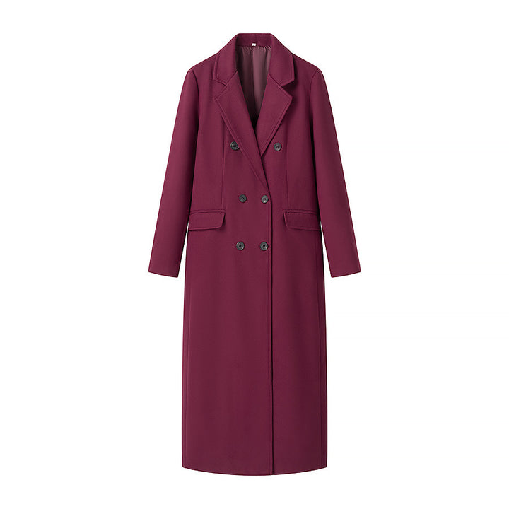 Damen taillierter Longcoat im Zweireiher mit Schalkragen und Pattentaschen – Montévia