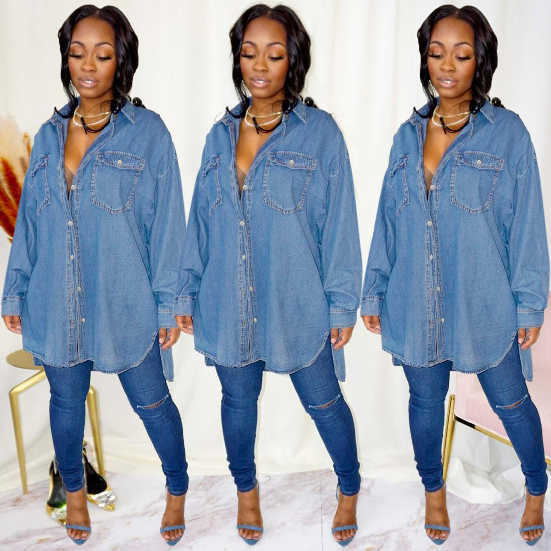 Damen Oversized Denim-Hemdjacke mit Pattentaschen und verlängertem Schnitt Echo Archiv