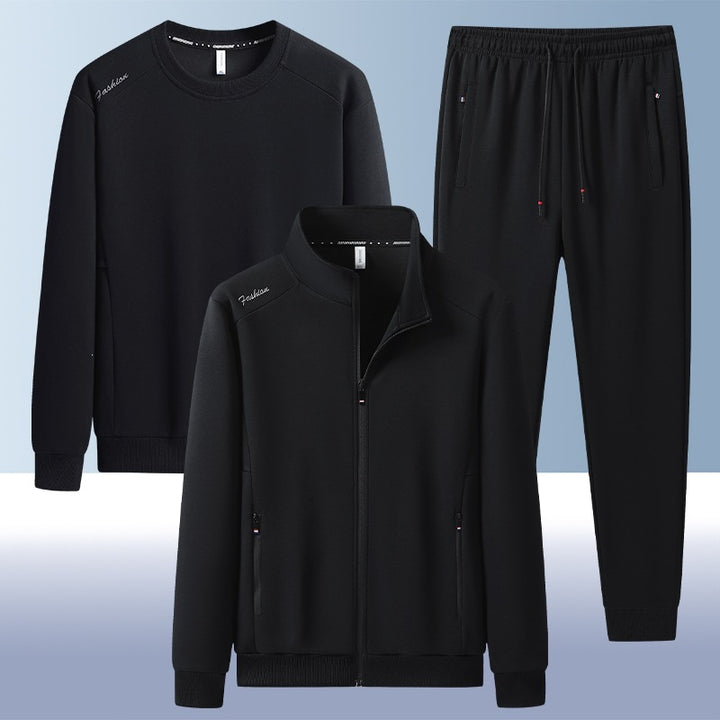 [Herren] Zweiteiliges Trainingsset mit Stehkragen-Zipjacke, Rundhals‑Sweatshirt und konisch geschnittener Jogginghose aus atmungsaktivem Fleece Echoarchiv