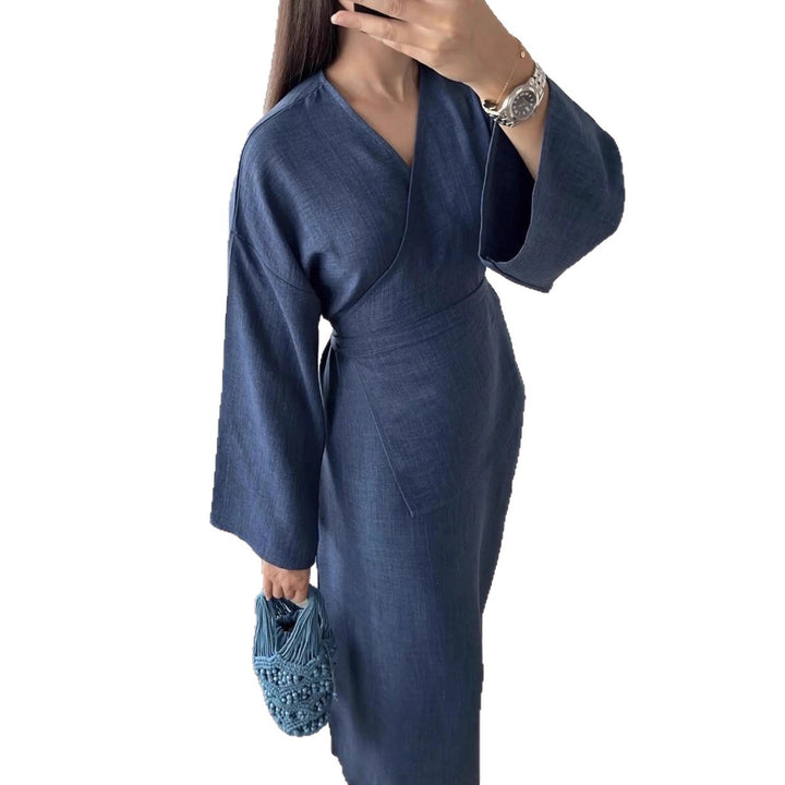 Damen Wickelmaxikleid in Leinenoptik mit Kimonoärmeln und Taillenbund – Valéora