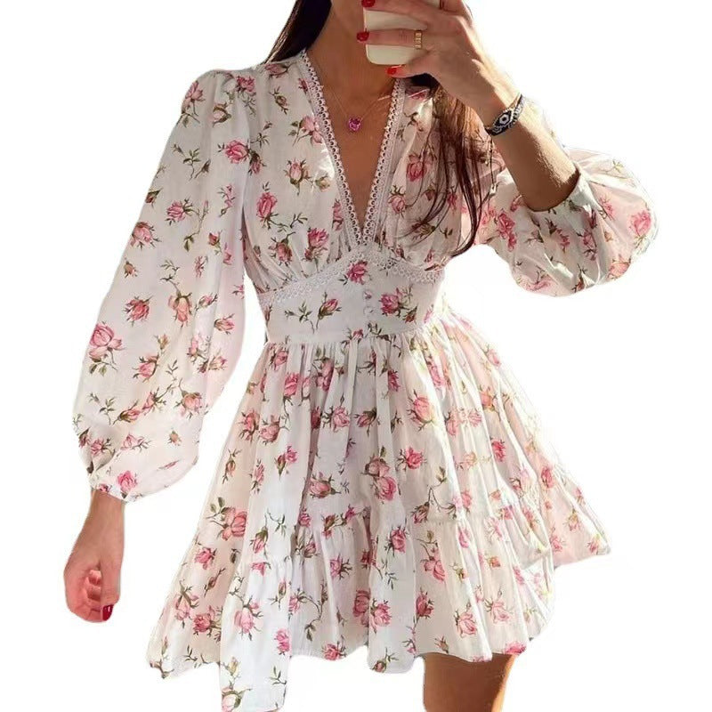 Damen Boho-florales Minikleid mit V-Ausschnitt und Puffärmeln – Élara