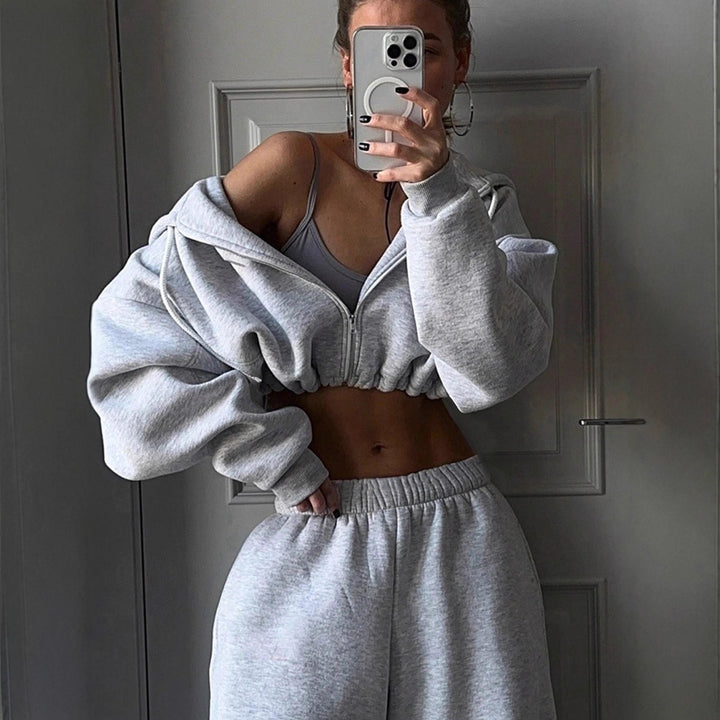 Damen nan kurzes Zip-Hoodie Cropped Sweatshirt mit Kordelzug, angesetzten Ballonärmeln und elastischem Saum Echo Archiv