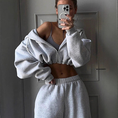 Damen nan kurzes Zip-Hoodie Cropped Sweatshirt mit Kordelzug, angesetzten Ballonärmeln und elastischem Saum Echo Archiv