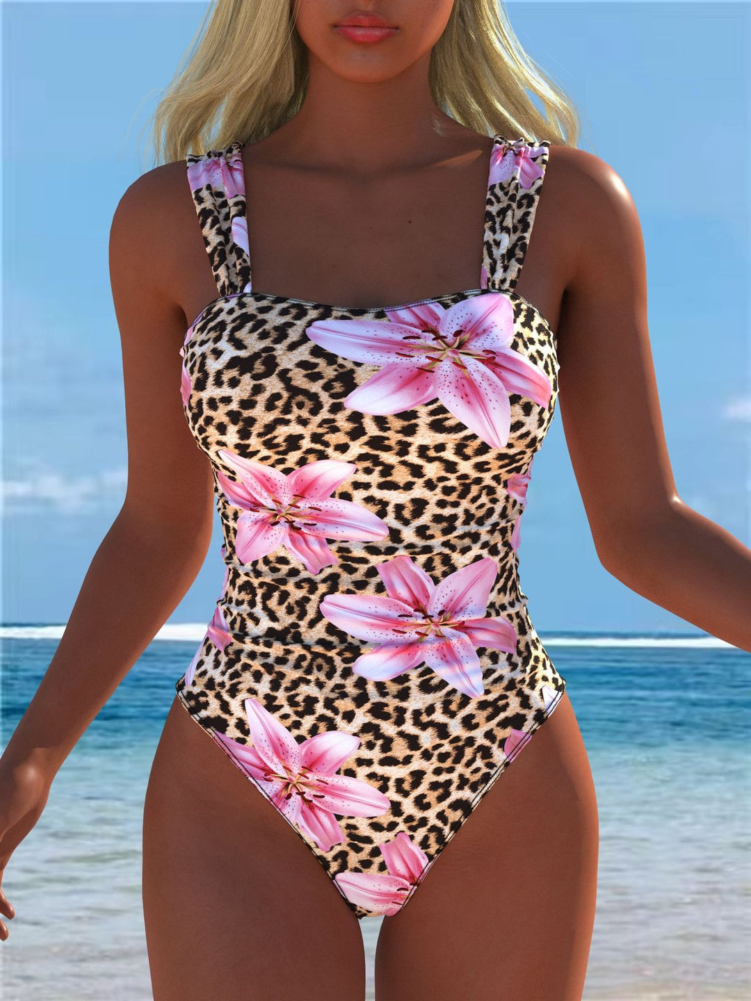 Damen einteiliger Badeanzug mit floraler und tierischer Musterkombination Echo Archiv