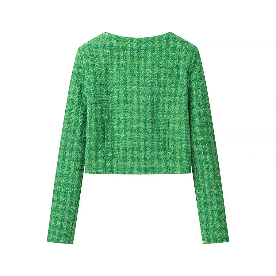 Damen kurzes Bouclé-Tweed Jackett mit Rundhalsausschnitt, Zierknöpfen und aufgesetzten Brustpaspeln – Célinea