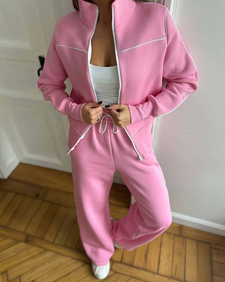Damen Zweiteiliges Jogginganzug-Set mit Stehkragen, Kontrastpaspel und weitem Bein – Avérine