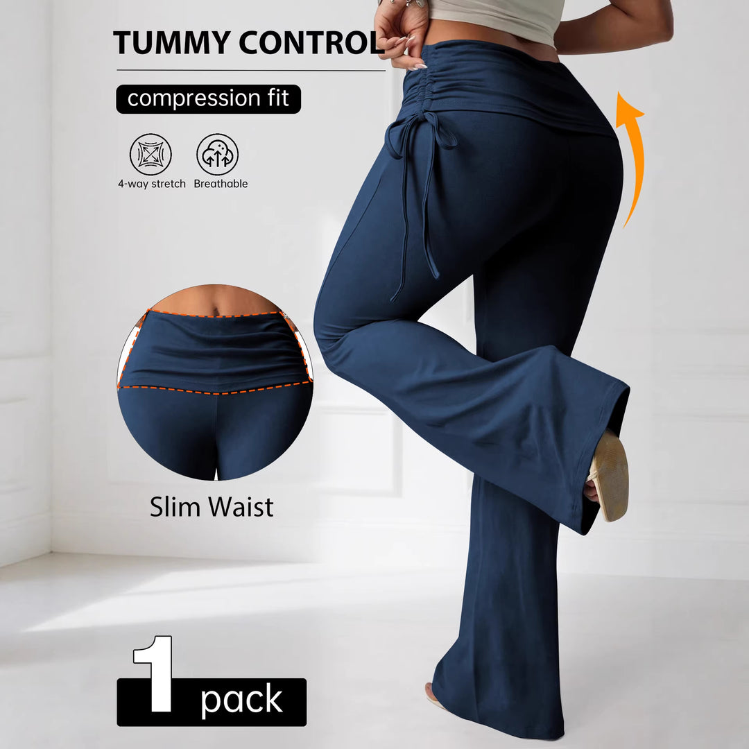 Damen High-Waist Flared-Yogahose mit seitlicher Raffnaht und Kordelzug – Avélisse