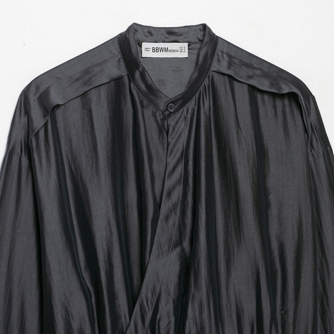 Damen Satinbluse mit Stehkragen, Wickeloptik und Kordelzug Echoarchiv