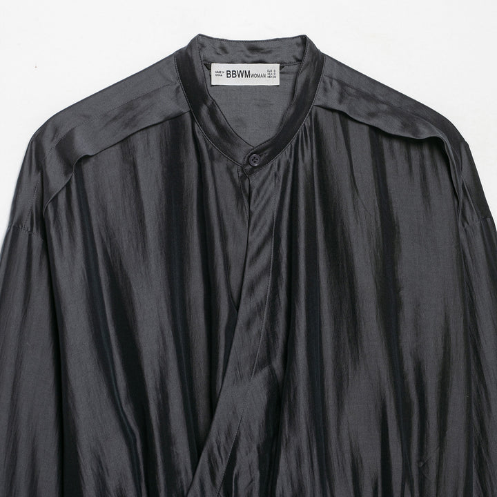 Damen Satinbluse mit Stehkragen, Wickeloptik und Kordelzug Echoarchiv