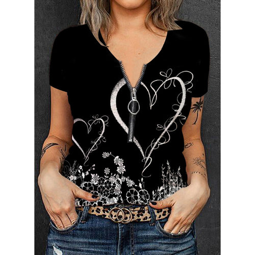 Damen V-Ausschnitt T-Shirt mit floralem Herz-Design und Reißverschluss Echo Archiv