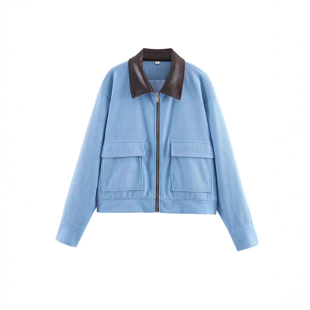 Damen Kordjacke mit Lederkragen, durchgehendem Reißverschluss und aufgesetzten Klappentaschen – Célinea