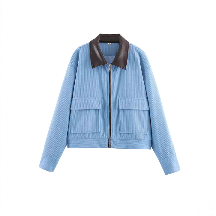 Damen Kordjacke mit Lederkragen, durchgehendem Reißverschluss und aufgesetzten Klappentaschen – Célinea