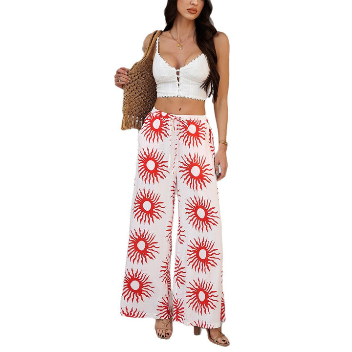 Damen weite Palazzo-Hose mit Kordelbund, Eingrifftaschen und mediterranem Kachelprint – Avélisse