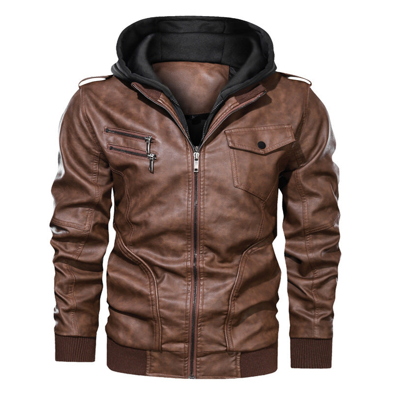 Herren Lederoptik Kapuzenjacke im Bikerstil mit Reißverschlusstaschen und Rippbündchen – Taviero