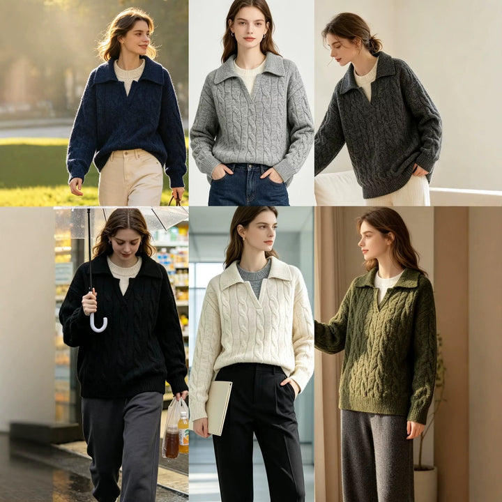 Damen Grobgestrickter Zopfstrick-Pullover mit Hemdkragen und integriertem Rippkragen Echoarchiv