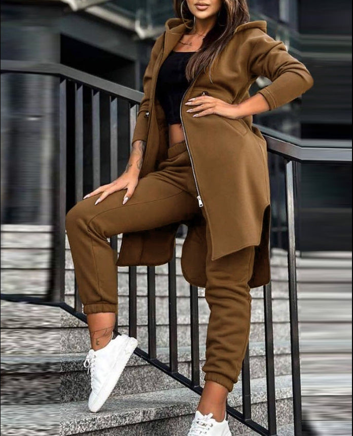 Damen Kapuzenmantel und High-Waist Jogginghose Lounge-Set – Montévia